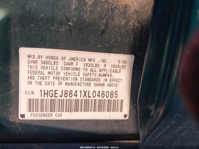 1999 Honda Civic Ex მანქანა იყიდება აუქციონზე, vin: 1HGEJ8641XL046085, აუქციონის ნომერი: 44850714