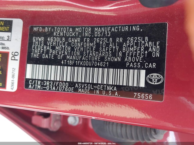 44850725 :رقم المزاد ، 4T1BF1FK0DU704621 vin ، 2013 Toyota Camry Le مزاد بيع