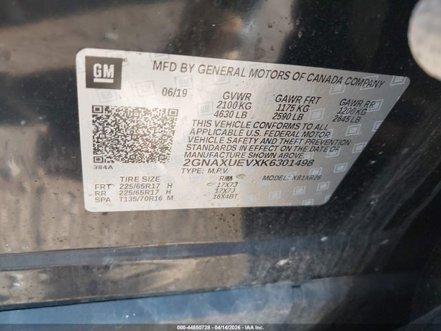 44850728 :رقم المزاد ، 2GNAXUEVXK6301498 vin ، 2019 Chevrolet Equinox Lt مزاد بيع