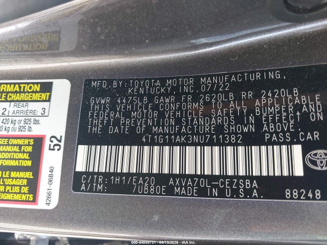 Продажа на аукционе авто 2022 Toyota Camry Se, vin: 4T1G11AK3NU711382, номер лота: 44850731