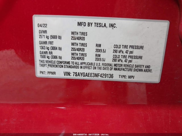 Aukcja sprzedaży 2022 Tesla Model Y Long Range Dual Motor All-wheel Drive, vin: 7SAYGAEE3NF429136, numer aukcji: 44850734