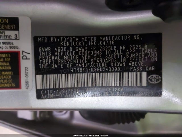 44850742 :رقم المزاد ، 4T1BF1FK8GU240398 vin ، 2016 Toyota Camry Se مزاد بيع