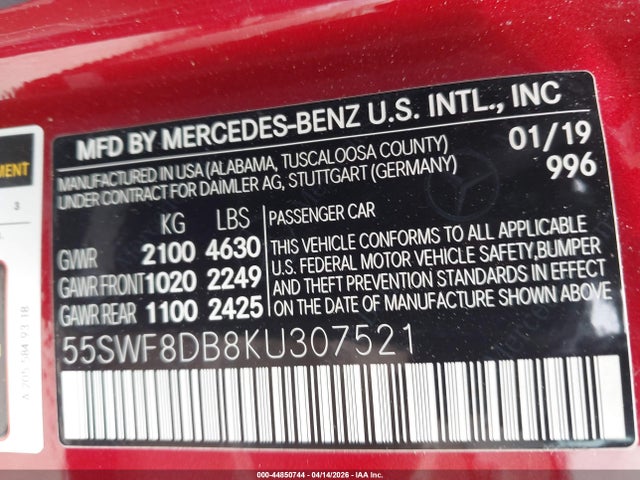 44850744 :رقم المزاد ، 55SWF8DB8KU307521 vin ، 2019 Mercedes-benz C 300 مزاد بيع