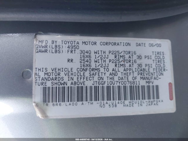 Продаж на аукціоні авто 2000 Lexus Rx 300, vin: JT6GF10U7Y0076811, номер лоту: 44850745