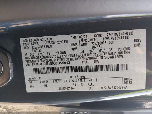 2024 Ford Escape Phev მანქანა იყიდება აუქციონზე, vin: 1FMCU0E18RUB55013, აუქციონის ნომერი: 44850767