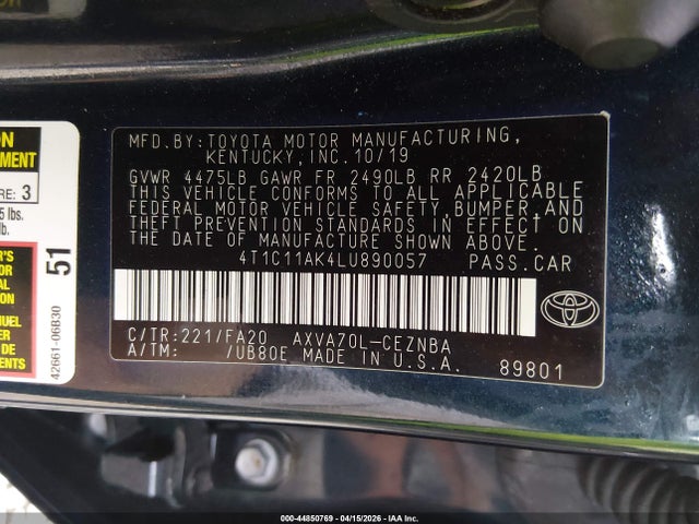 Продажа на аукционе авто 2020 Toyota Camry Le, vin: 4T1C11AK4LU890057, номер лота: 44850769