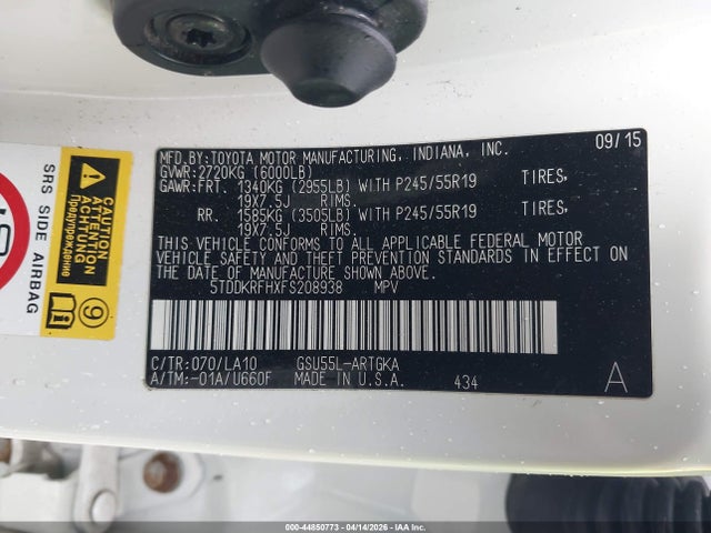Toyota Highlander Limited V6 2015 5TDDKRFHXFS208938 Image 9