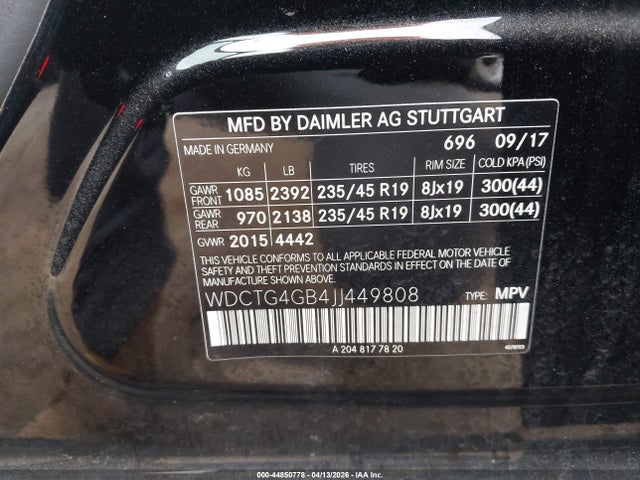 Aukcja sprzedaży 2018 Mercedes-benz Gla 250 4matic, vin: WDCTG4GB4JJ449808, numer aukcji: 44850778