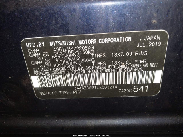 Auction sale of the 2020 Mitsubishi Outlander Es 2.4 S-awc/le 2.4 S-awc/se 2.4 S-awc/sel 2.4 S-awc/sp 2.4 S-awc, vin: JA4AZ3A31LZ003214, lot number: 44850792