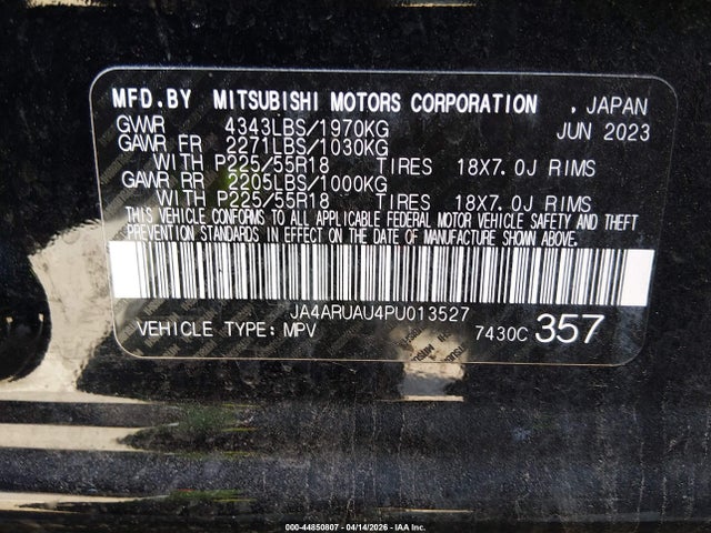Aukcja sprzedaży 2023 Mitsubishi Outlander Sport 2.0 Le Awc, vin: JA4ARUAU4PU013527, numer aukcji: 44850807