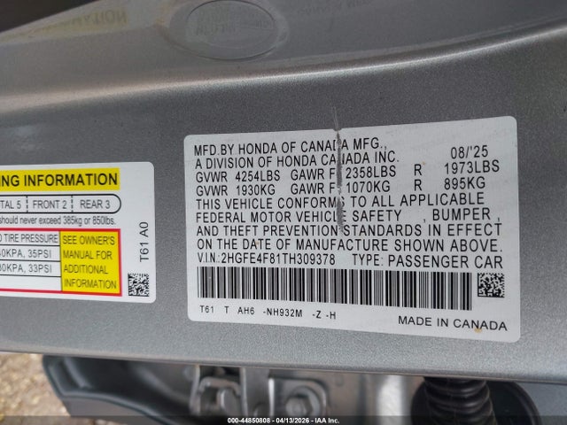 Aukcja sprzedaży 2026 Honda Civic Hybrid Sport/sport Touring, vin: 2HGFE4F81TH309378, numer aukcji: 44850808