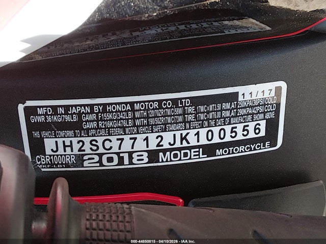 Honda CBR1000 RR 2018 JH2SC7712JK100556 Image 10