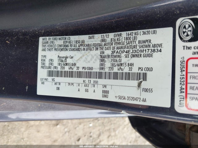 Продажа на аукционе авто 2013 Ford Fiesta Se, vin: 3FADP4EJ3DM173834, номер лота: 44850822