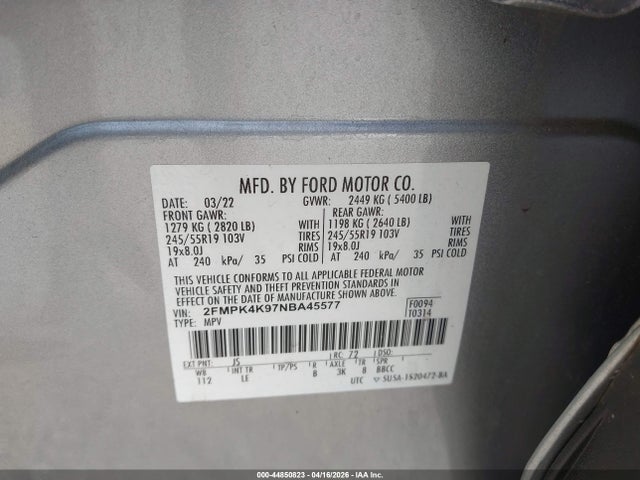 Aukcja sprzedaży 2022 Ford Edge Titanium, vin: 2FMPK4K97NBA45577, numer aukcji: 44850823