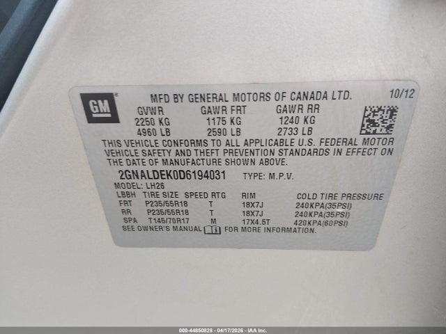 Продажа на аукционе авто 2013 Chevrolet Equinox 1lt, vin: 2GNALDEK0D6194031, номер лота: 44850828