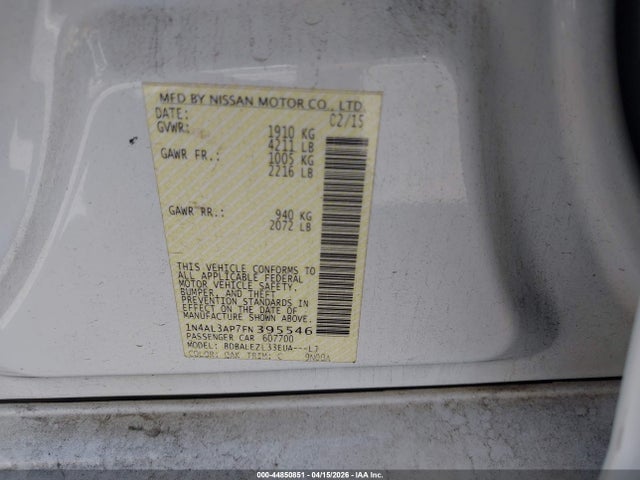 44850851 :رقم المزاد ، 1N4AL3AP7FN395546 vin ، 2015 Nissan Altima 2.5 S مزاد بيع