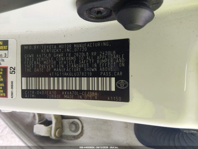 Aukcja sprzedaży 2020 Toyota Camry Se, vin: 4T1G11AK6LU378219, numer aukcji: 44850854
