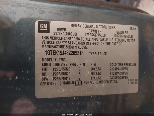44850866 :رقم المزاد ، 1GTEK19J48Z265318 vin ، 2008 Gmc Sierra 1500 Sle1 مزاد بيع
