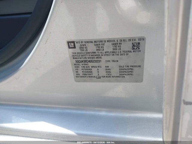 Aukcja sprzedaży 2016 Chevrolet Silverado 1500 2lz, vin: 3GCUKSEC4GG232231, numer aukcji: 44850875