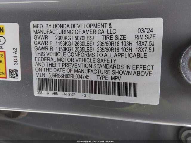 Aukcja sprzedaży 2024 Honda Cr-v Hybrid Sport-l, vin: 5J6RS6H83RL034745, numer aukcji: 44850897
