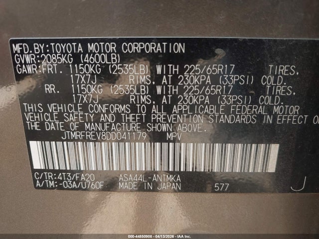 2013 Toyota Rav4 Xle მანქანა იყიდება აუქციონზე, vin: JTMRFREV8DD041179, აუქციონის ნომერი: 44850908