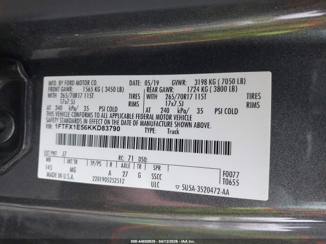 Продажа на аукционе авто 2019 Ford F-150 Xlt, vin: 1FTFX1E56KKD83790, номер лота: 44850928