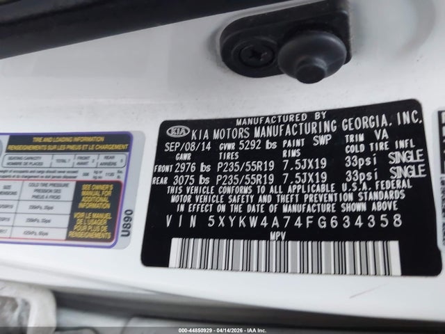 2015 Kia Sorento Sx V6 მანქანა იყიდება აუქციონზე, vin: 5XYKW4A74FG634358, აუქციონის ნომერი: 44850929