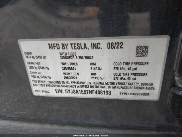 Aukcja sprzedaży 2022 Tesla Model S Dual Motor All-wheel Drive, vin: 5YJSA1E57NF488193, numer aukcji: 44850932