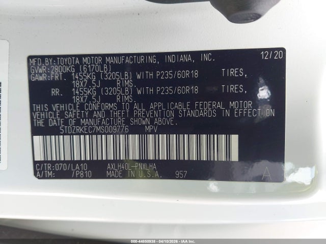 5TDZRKEC7MS009776 Toyota Sienna Limited