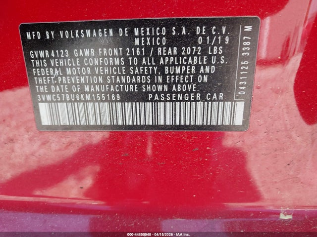 44850948 :رقم المزاد ، 3VWC57BU6KM155169 vin ، 2019 Volkswagen Jetta 1.4t R-line/1.4t S/1.4t Se مزاد بيع