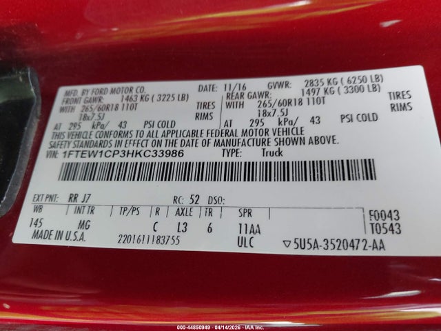 2017 Ford F-150 Xlt მანქანა იყიდება აუქციონზე, vin: 1FTEW1CP3HKC33986, აუქციონის ნომერი: 44850949