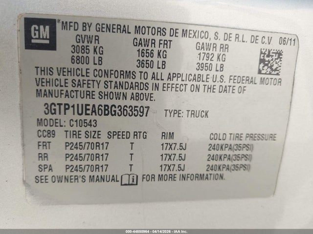 Auction sale of the 2011 Gmc Sierra 1500 Sl, vin: 3GTP1UEA6BG363597, lot number: 44850964