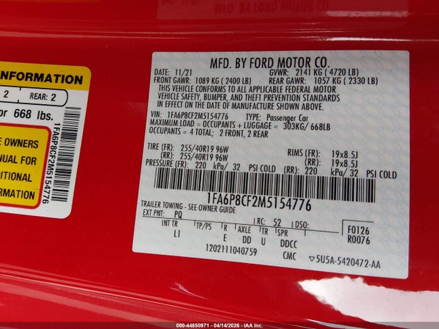 Продаж на аукціоні авто 2021 Ford Mustang Gt Premium Fastback, vin: 1FA6P8CF2M5154776, номер лоту: 44850971