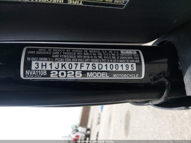 Aukcja sprzedaży 2025 Honda Nva110 B, vin: 3H1JK07F7SD100195, numer aukcji: 44850974