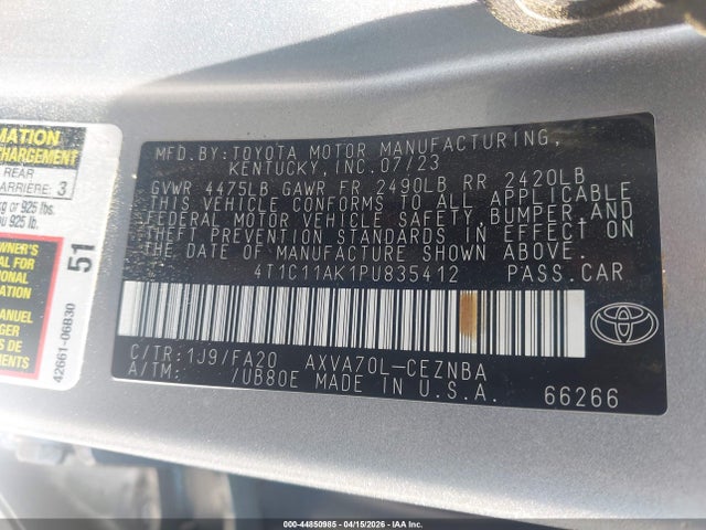 44850985 :رقم المزاد ، 4T1C11AK1PU835412 vin ، 2023 Toyota Camry Le مزاد بيع