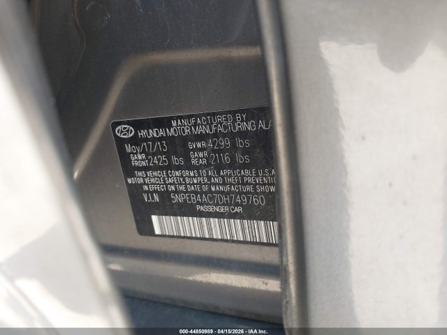 2013 Hyundai Sonata Gls მანქანა იყიდება აუქციონზე, vin: 5NPEB4AC7DH749760, აუქციონის ნომერი: 44850989