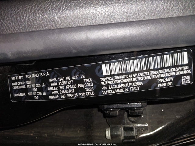 2020 Jeep Renegade Latitude Fwd მანქანა იყიდება აუქციონზე, vin: ZACNJABB1LPL62664, აუქციონის ნომერი: 44851002