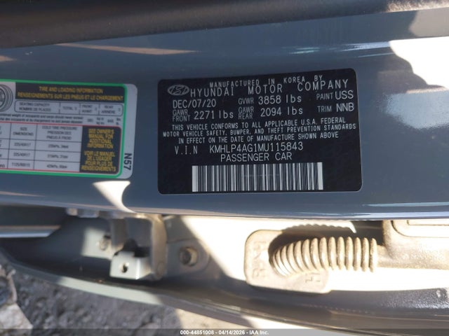 Aukcja sprzedaży 2021 Hyundai Elantra Limited, vin: KMHLP4AG1MU115843, numer aukcji: 44851008