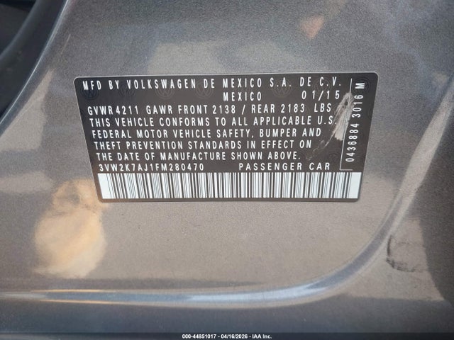 2015 Volkswagen Jetta 2.0l S მანქანა იყიდება აუქციონზე, vin: 3VW2K7AJ1FM280470, აუქციონის ნომერი: 44851017