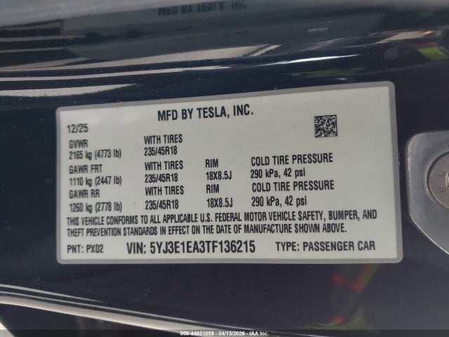 2026 Tesla Model 3 Premium Rear-wheel Drive/standard Rear-wheel Drive მანქანა იყიდება აუქციონზე, vin: 5YJ3E1EA3TF136215, აუქციონის ნომერი: 44851059