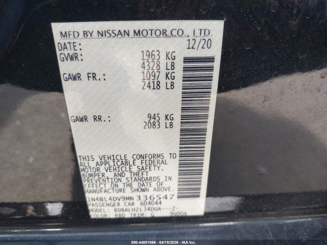 Продаж на аукціоні авто 2021 Nissan Altima Sv Fwd, vin: 1N4BL4DV9MN336547, номер лоту: 44851066