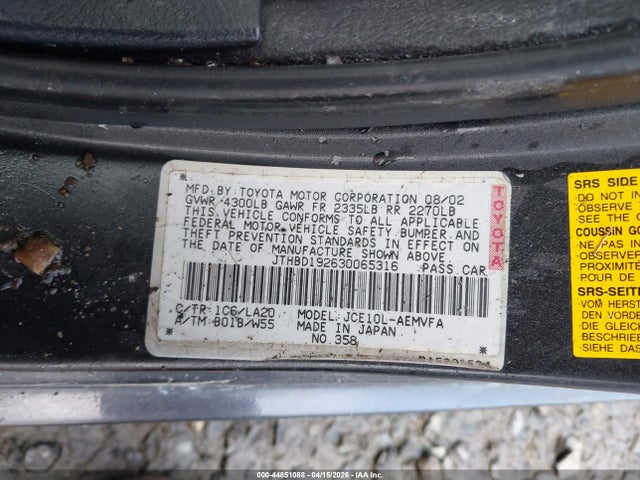 44851088 :رقم المزاد ، JTHBD192630065316 vin ، 2003 Lexus Is 300 Base W/5-speed Manual مزاد بيع