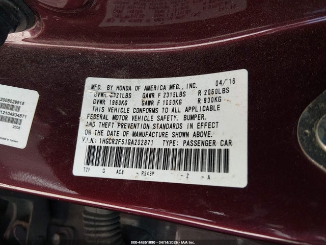 Продаж на аукціоні авто 2016 Honda Accord Sport, vin: 1HGCR2F51GA202871, номер лоту: 44851090