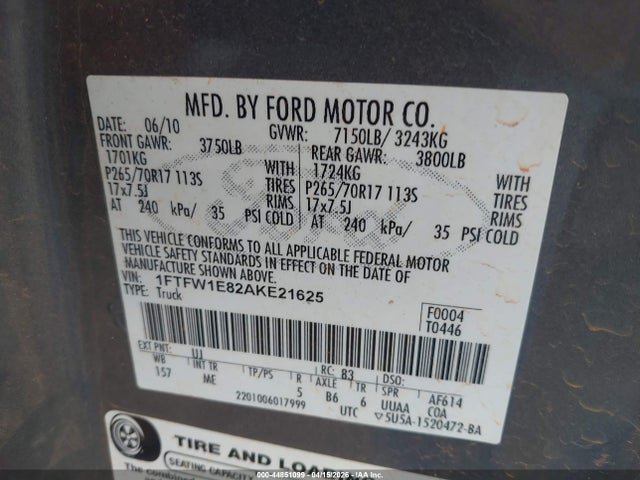 Продаж на аукціоні авто 2010 Ford F-150 Xl/xlt, vin: 1FTFW1E82AKE21625, номер лоту: 44851099