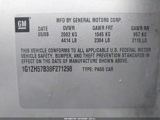 2008 Chevrolet Malibu Lt მანქანა იყიდება აუქციონზე, vin: 1G1ZH57B38F271298, აუქციონის ნომერი: 44851104