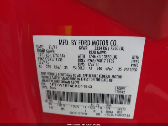 1FTFW1EF4EKD11843 Ford F-150 Xlt