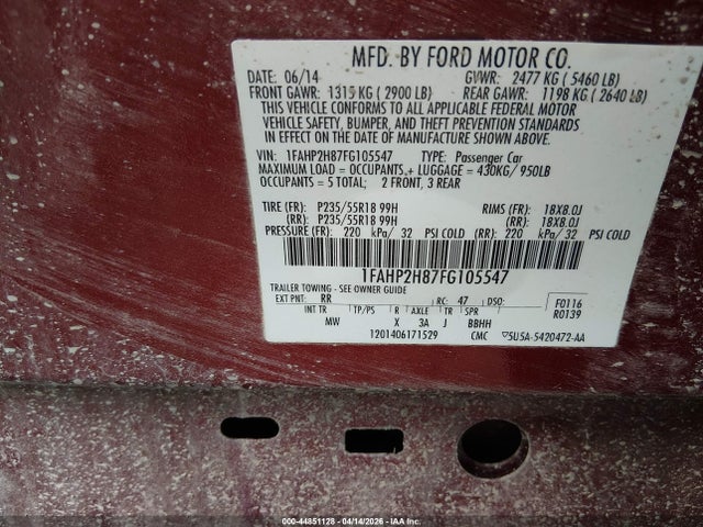 Продаж на аукціоні авто 2015 Ford Taurus Sel, vin: 1FAHP2H87FG105547, номер лоту: 44851128