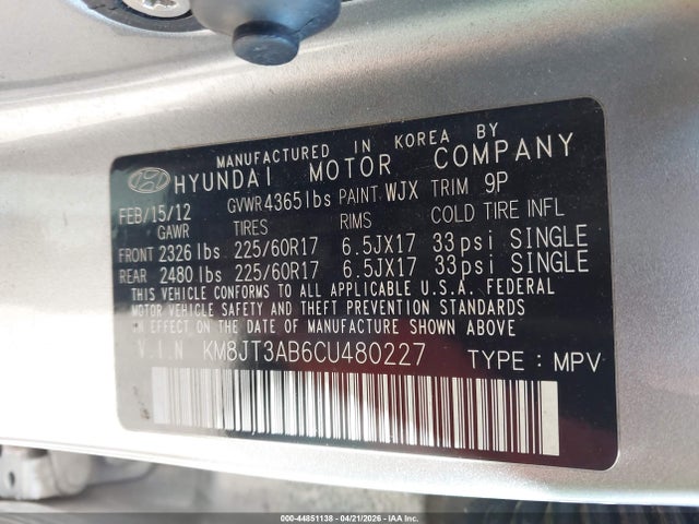 Продажа на аукционе авто 2012 Hyundai Tucson Gl, vin: KM8JT3AB6CU480227, номер лота: 44851138