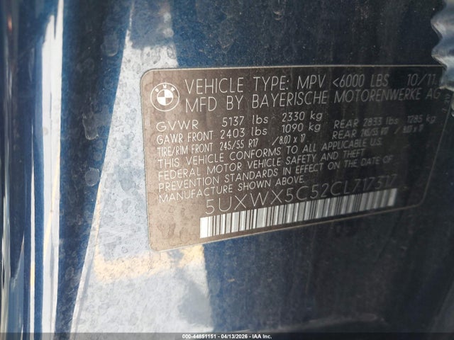 Продажа на аукционе авто 2012 Bmw X3 Xdrive28i, vin: 5UXWX5C52CL717317, номер лота: 44851151