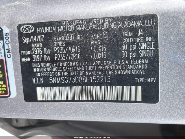2008 Hyundai Santa Fe Gls მანქანა იყიდება აუქციონზე, vin: 5NMSG73D88H152213, აუქციონის ნომერი: 44851160